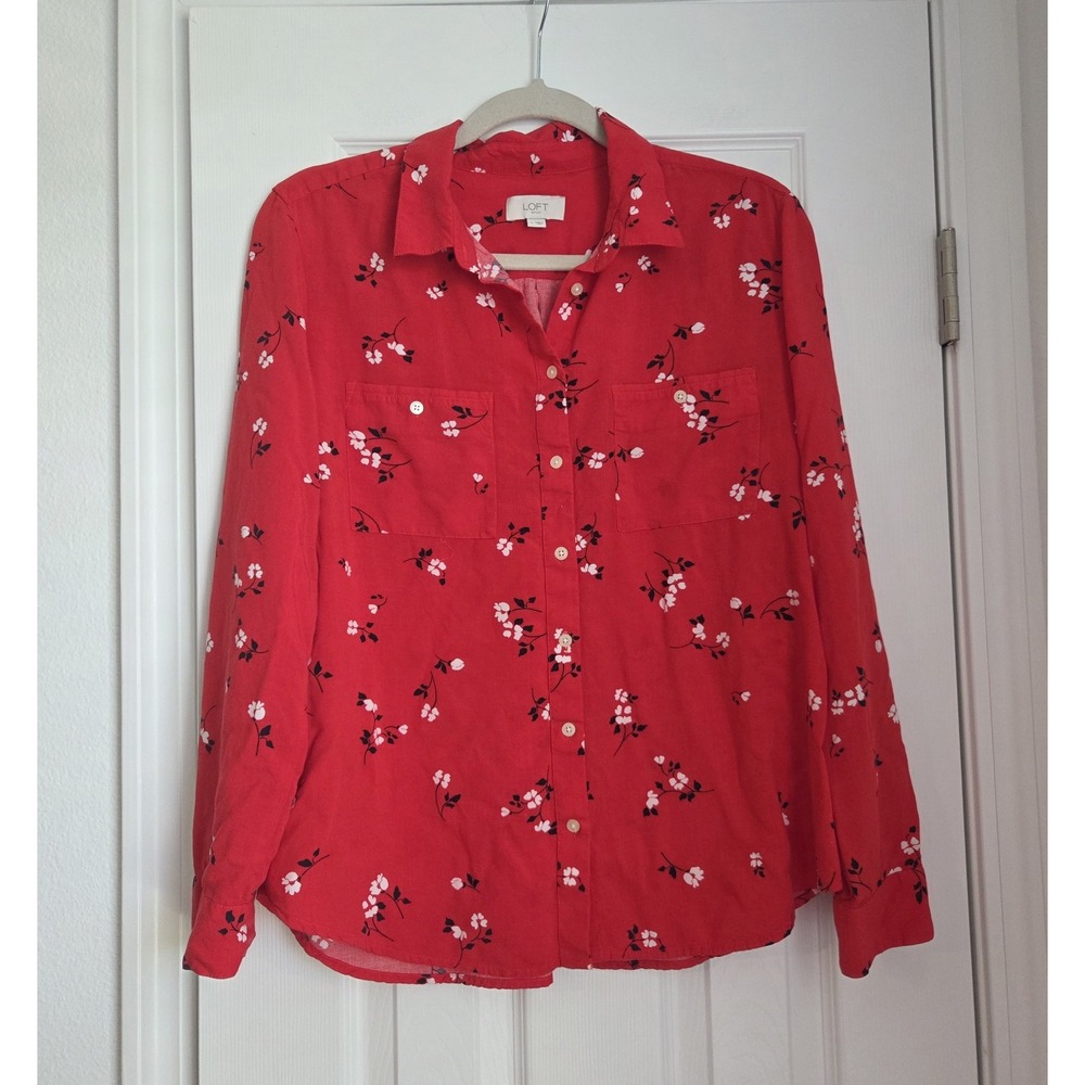 LOFT Red Floral Button Down Blouse Large Long Sleeve Utility Pocket Boho Casual